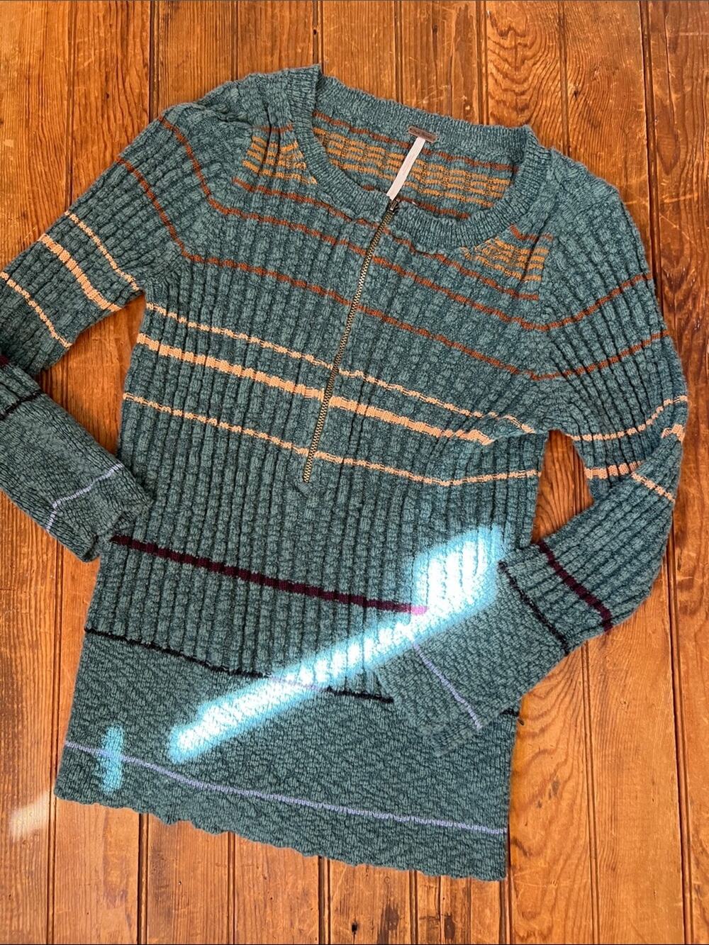 EUC Womens Free Peopke Teal Ribbed Half-Zip Sweater Striped Accents size large